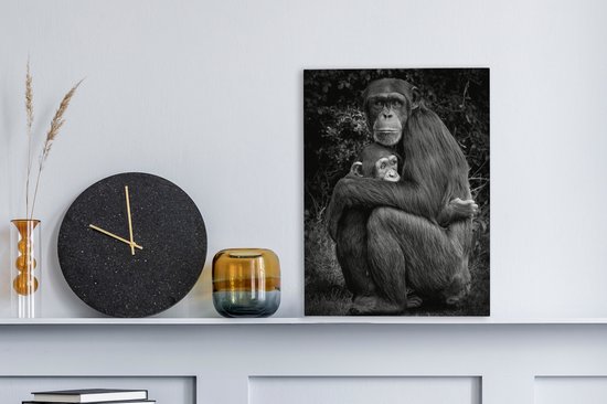 Tableau sur toile Chimpanzé protecteur avec son petit - noir et blanc - 30x40 cm - Décoration murale
