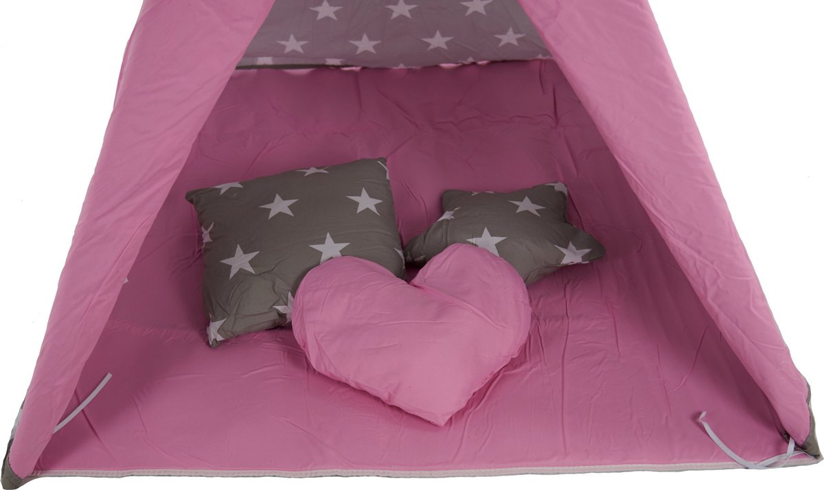 Speeltent - Tipi Tent - Met Grondkleed & Kussens - Speelhuisje - Tent voor kinderen - Grijs-Roze — afbeelding 5