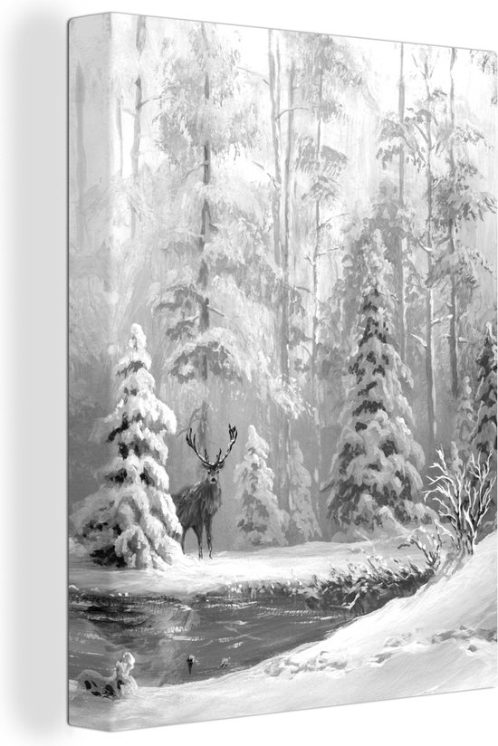 Tableau sur toile Peinture d'un cerf dans une forêt d'hiver - noir et blanc - 30x40 cm - Décoration murale
