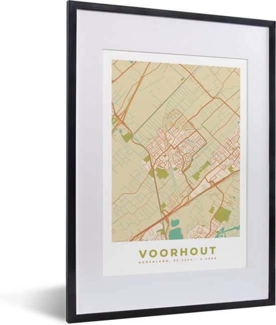 Poster met lijst Plattegrond - Voorhout - Stadskaart - Kaart - 30x40