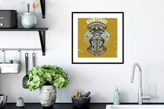 Affiche avec cadre Mancave - Moto - Crâne - Vintage - 40x40 cm