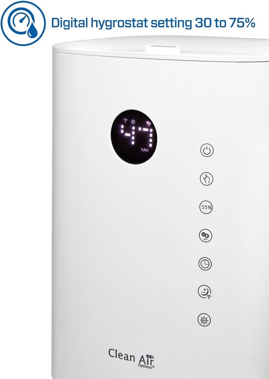 Close-up van een witte Clean Air Optima luchtbevochtiger met digitaal display en pictogrammen.