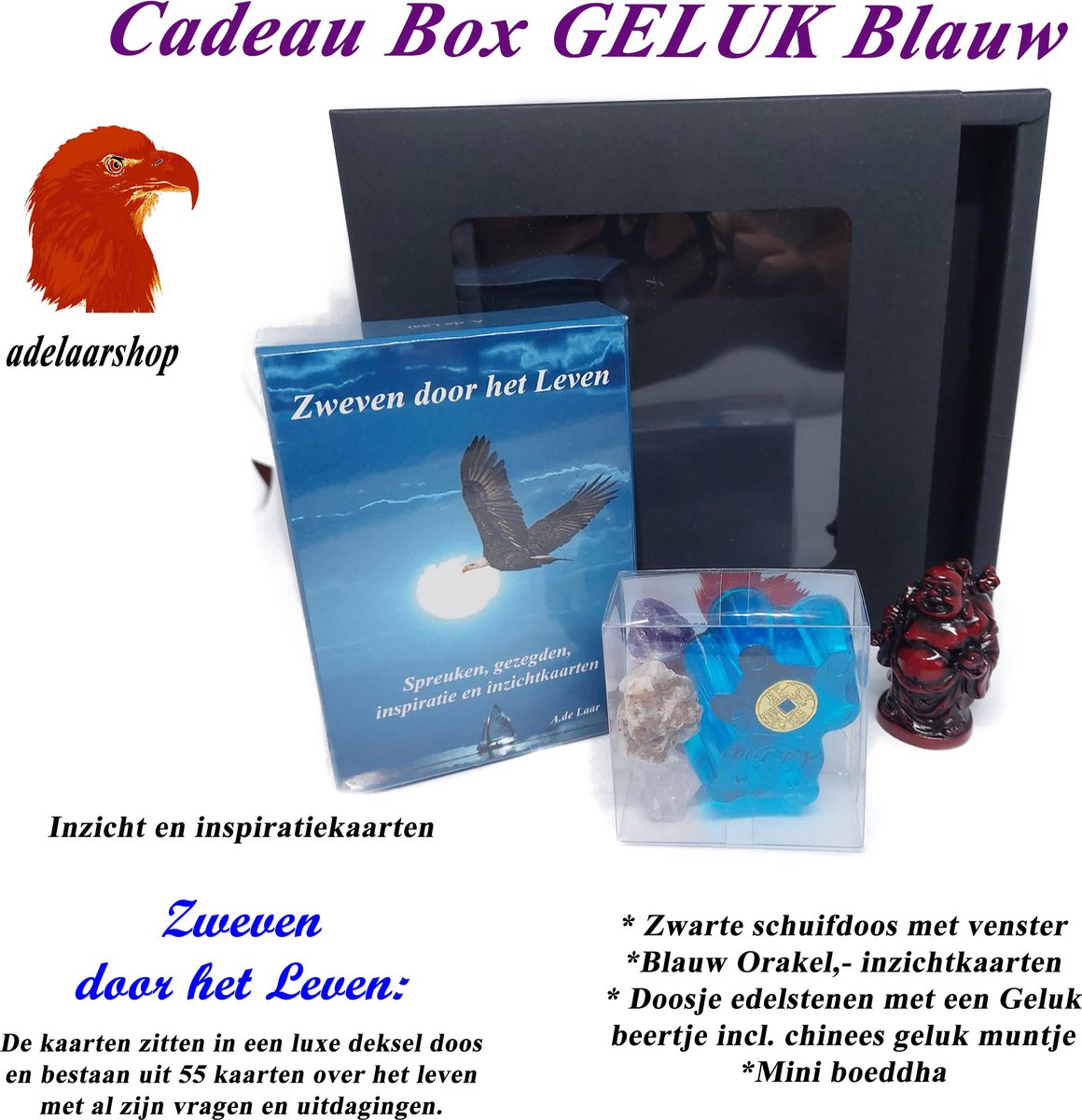 Cadeau box Blauw | Blauw : Orakel en inzichtkaarten | Cadeau | orakelkaarten | inspiratiekaarten | tarotkaarten | intuïtiekaarten |GELUK |Edelsteentjes | Boeddha | A. de Laar |Blauw
