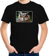 Dieren shirt met uilen foto - zwart - voor kinderen - roofvogel/ uil cadeau t-shirt 122/128
