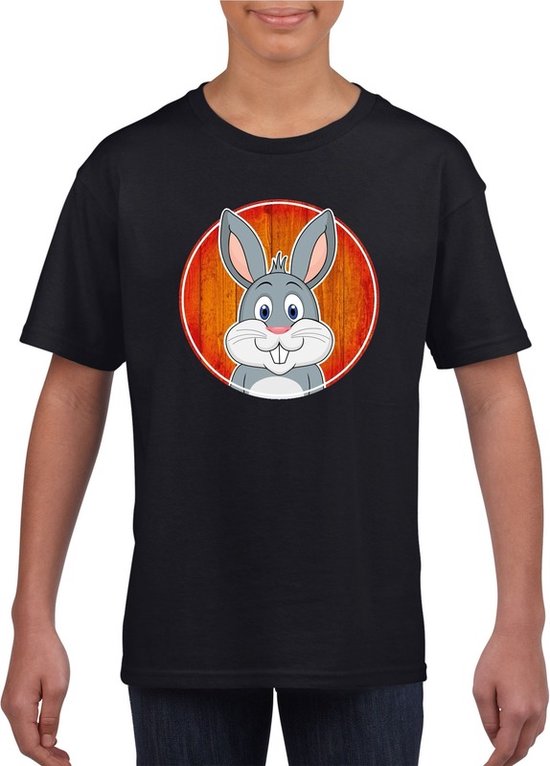 Kinder t-shirt zwart met vrolijke konijn print - konijnen shirt - kinderkleding / kleding 110/116