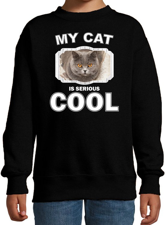 Britse korthaar katten trui / sweater my cat is serious cool zwart - kinderen - katten / poezen liefhebber cadeau sweaters - kinderkleding / kleding 152/164