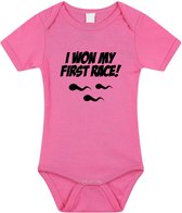 I won my first race tekst baby rompertje roze meisjes - Kraamcadeau - Babykleding 92