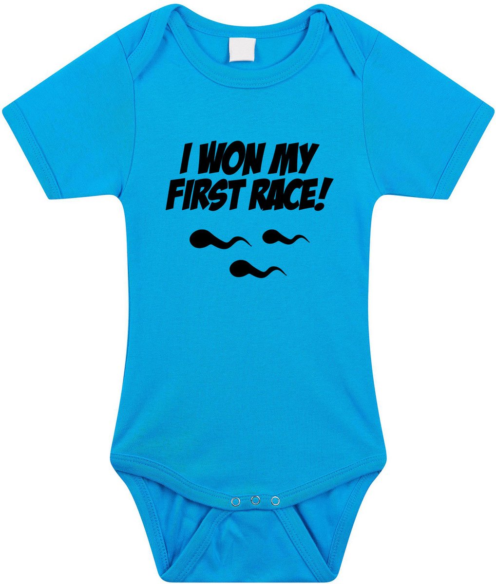 I won my first race tekst baby rompertje blauw jongens - Kraamcadeau - Babykleding 56