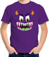 Monster gezicht halloween verkleed t-shirt paars voor kinderen 158/164
