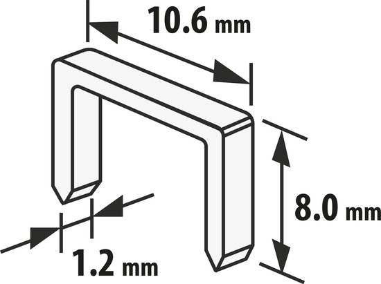 Illustratie van een nietje met afmetingen: 10.6 mm breed, 8.0 mm hoog en 1.2 mm dik.
