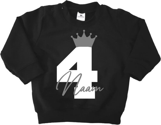 Verjaardag sweater kroon met naam-4 jaar-zwart-Maat 104