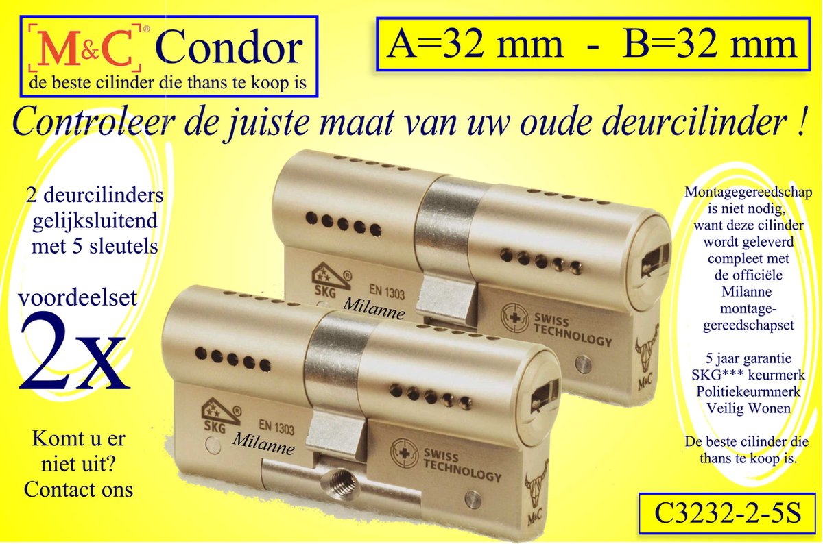 M&C Condor - High Security deurcilinder - SKG*** - 2 STUKS GELIJKSLUITEND - 32x32 mm - met 5 sleutels - politiekeurmerk Veilig Wonen - inclusief gereedschap montageset