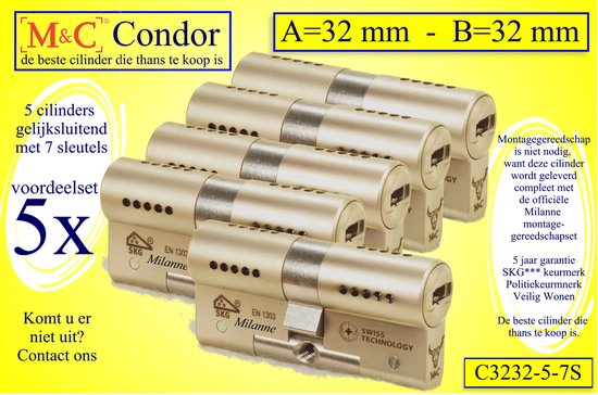 M&C Condor - High Security deurcilinder - SKG*** - 5 STUKS GELIJKSLUITEND  - 32x32 mm - met 7 sleutels  - Politiekeurmerk Veilig Wonen  -  inclusief gereedschap montageset