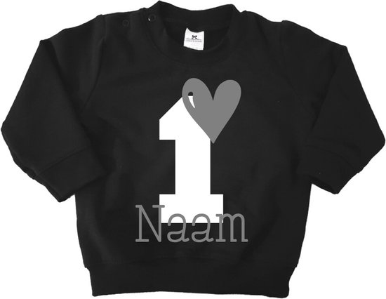 Verjaardag sweater hart met naam-1 jaar-zwart-Maat 68