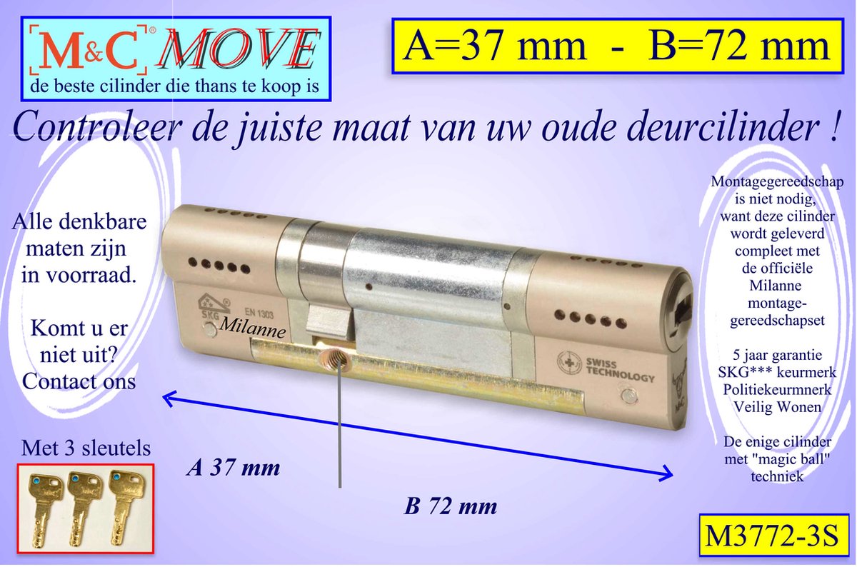 M&C MOVE - High-tech Security deurcilinder - SKG*** - 37x72 mm - Politiekeurmerk Veilig Wonen - inclusief gereedschap MilaNNE montageset