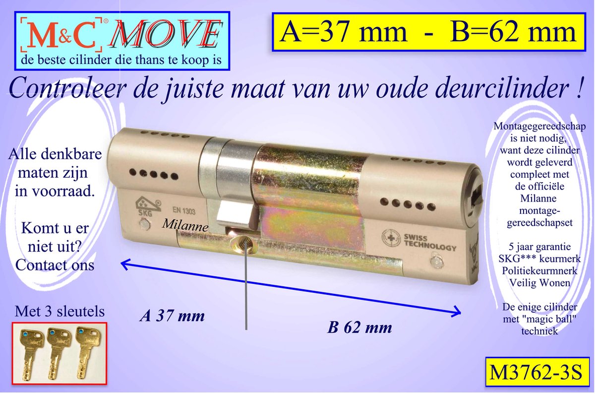 M&C MOVE - High-tech Security deurcilinder - SKG*** - 37x62 mm - Politiekeurmerk Veilig Wonen - inclusief gereedschap MilaNNE montageset