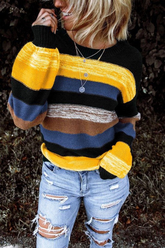 Trui Sweater Dames - Colorblock Geel - Tjolency - Maat XL