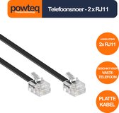 Powteq - 3 meter telefoonsnoer - Telefoonkabel - Met RJ11 stekkers - Zwart - Platte kabel - Voor vaste telefoon