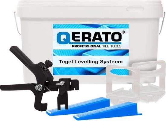 Qerato tegel levelling systeem kit met tang, blauwe wiggen en witte clips. Emmer met 3 MM VOEGBREEDTE.