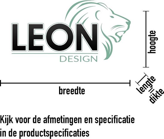 Logo LeonDesign avec indication des dimensions : hauteur, largeur, longueur, épaisseur. Texte : 'Voir les dimensions et spécifications dans les spécifications du produit'.