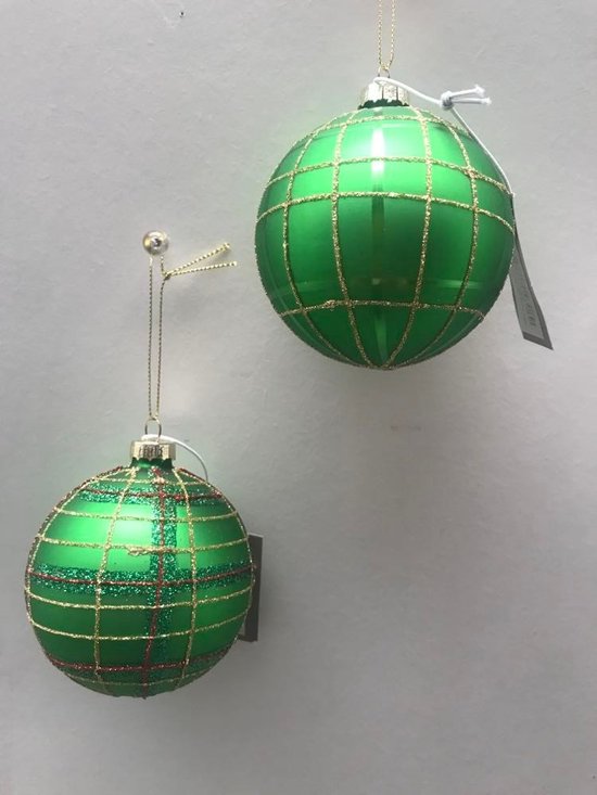 Set de 2 boules de Noël en verre vert avec des ornements de Noël à carreaux de paillettes d'or