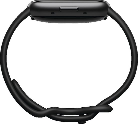 Zijkant van de zwarte Fitbit Versa 4 smartwatch.