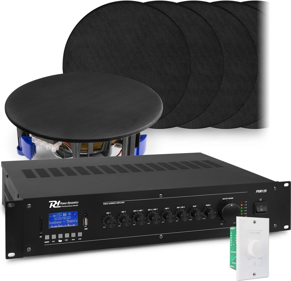 Geluidsinstallatie met Bluetooth, 12x zwarte inbouw speaker en 100v versterker van Power Dynamics