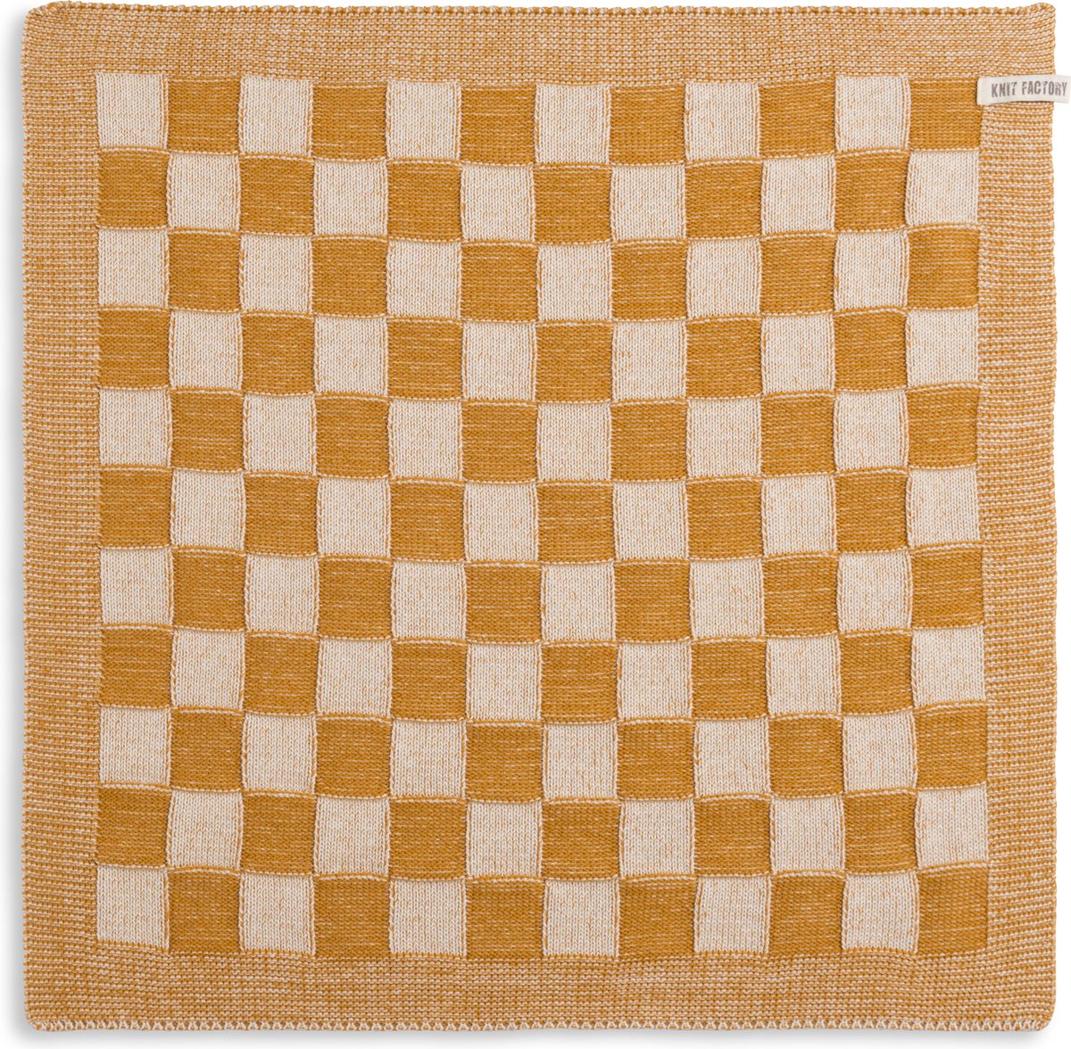 Knit Factory Gebreide Keukendoek - Keukenhanddoek Block - Geblokt motief - Handdoek - Vaatdoek - Keuken doek - Ecru/Oker - Traditionele look - 50x50 cm