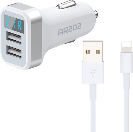 Autolader met Geschikt voor: Lightning kabel - Auto Oplader Stekker Lader - Car USB Adapter - Geschikt voor: Apple iPhone 15 / 14 / 13 / 12 / 11 / Pro Max / X / XS / XR / MAX / SE / 5S /5 / 6S / 6 Plus / 7 / 7 Plus / 8 / 8 Plus