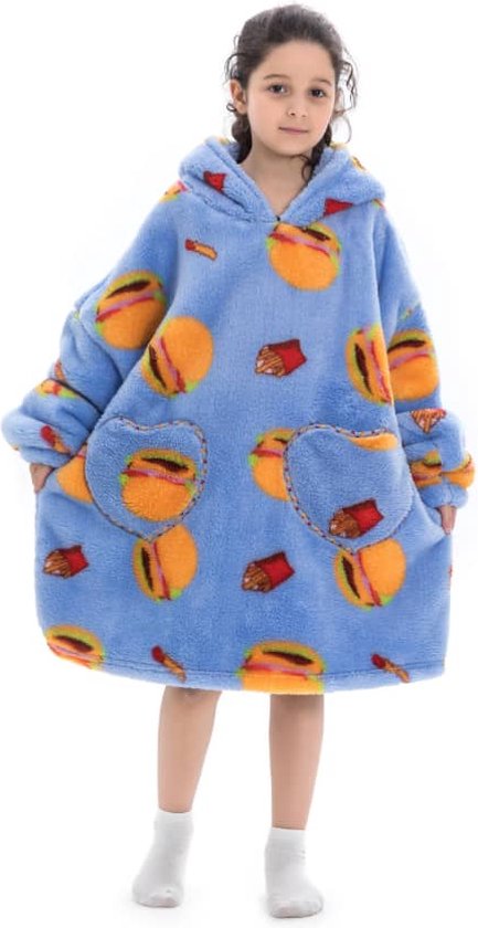 Hamburgers & frietjes fleece hoodie deken met mouwen kind – fleece poncho kind – plaid met mouwen - kids 8/12 jaar – maat 134/158 – lengte 75 cm - chillen – Warm & zacht – relax outfit kids – lavendelblauw - Badrock