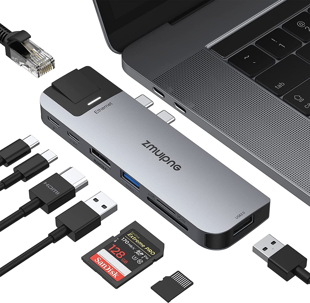 USB C-adapter voor MacBook Pro MacBook Air 13 15 16 inch 2020/2019/2018, USBC HDMI-dongle met 4K HDMI, 1 * USB 3.0 & 1 * USB 2.0-poort, Gigabit Ethernet, SD / TF-lezer, Thunderbolt 3 en USB C-poort