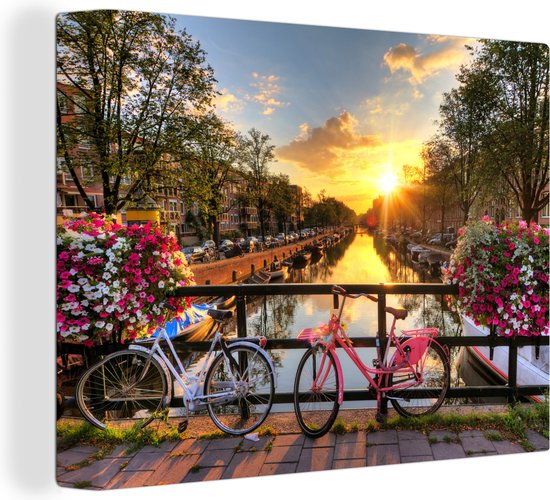 Foto: Canvas amsterdam fiets bloemen zon roze woonkamer slaapkamer 40x30 cm schilderijen op canvas canvas doek kamerdecoratie muurdecoratie wanddecoratie