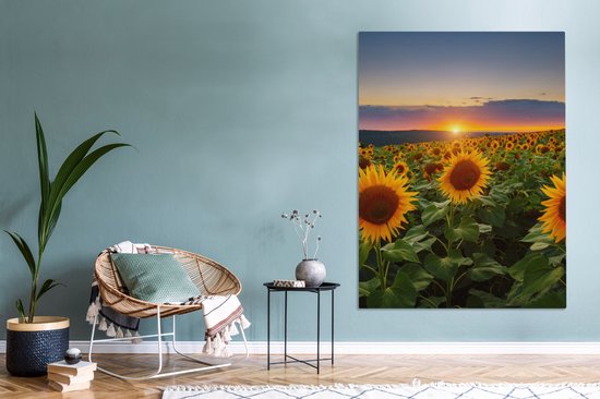 Peinture sur toile - Photo sur toile - Tournesol - Fleurs - Nuages - Ciel - Lumière du soleil - Décoration de chambre - Fleurs sur toile - 120x160 cm - Chambre