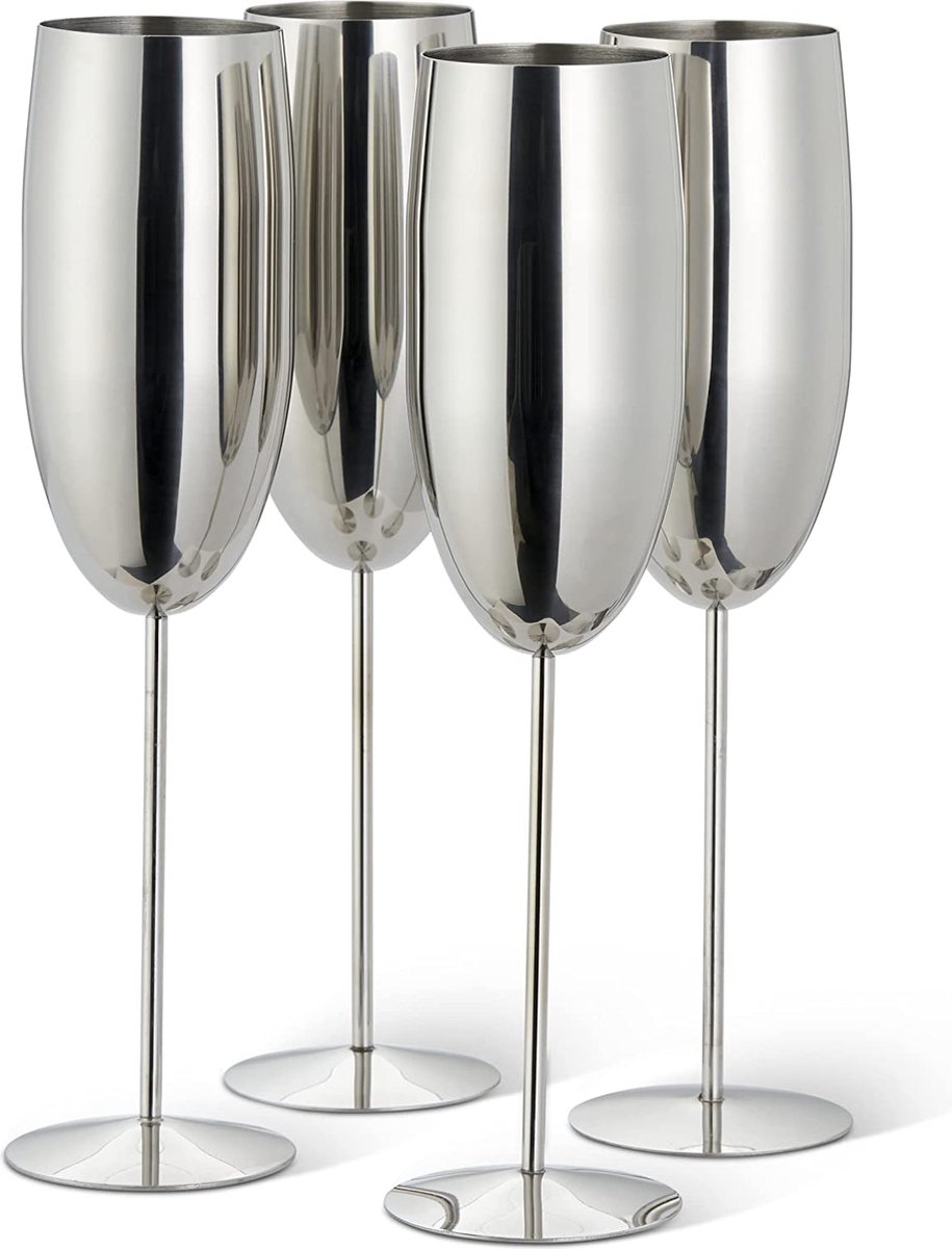 Oak & Steel 4 RVS Champagneglazen (285 ml, 25 cm), Zilver - Stijlvol Cadeau voor Vrienden & Familie