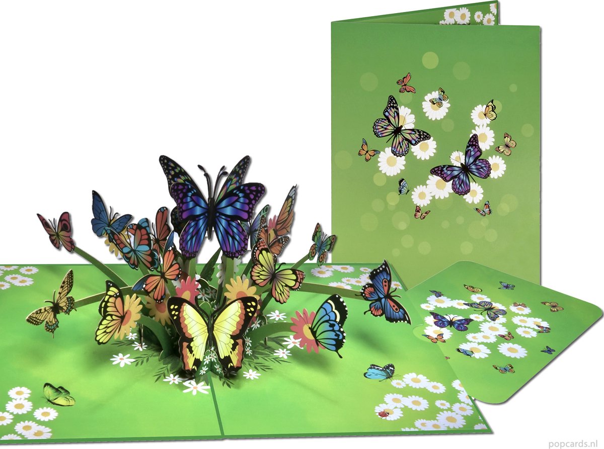 Popcards Popupkaarten – Kleurrijke Vlinders in Bloementuin Bloemen Vrijheid Felicitatie Verjaardag pop-up kaart 3D wenskaart