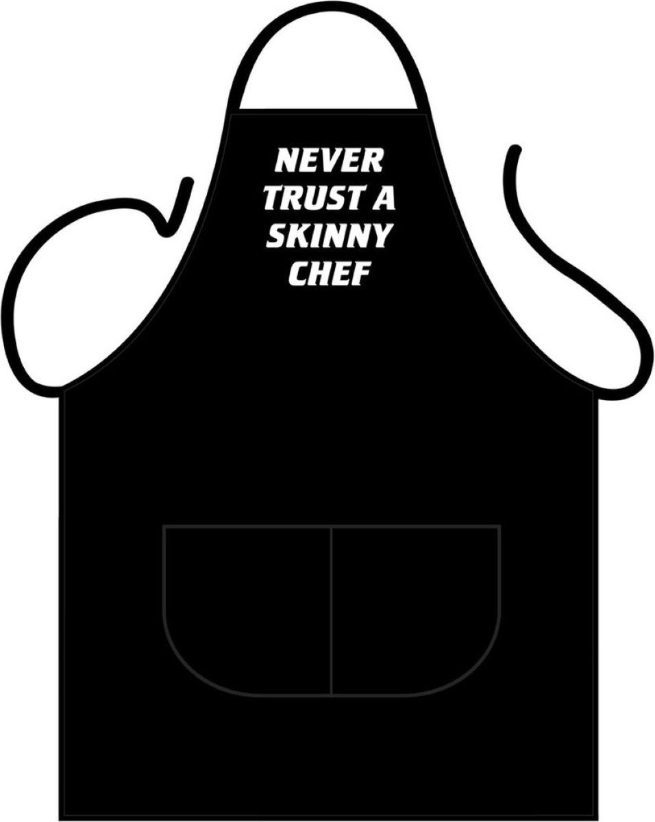 Partychimp Schort 'Never Trust a Skinny Chef' Barbecue Bbq Accesoires Vaderdag Cadeau - 80 x 56 cm - Polykatoen - Zwart