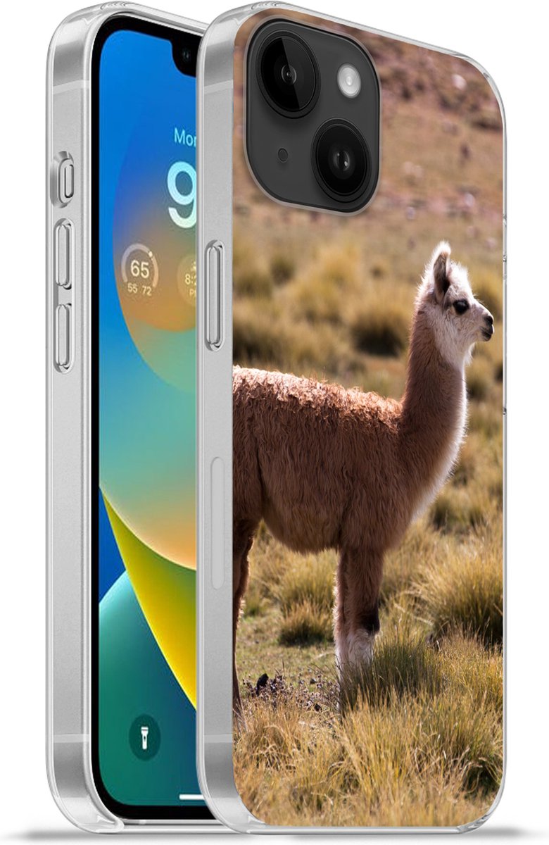 Telefoonhoesje Geschikt voor Apple Iphone 14 hoesje - Alpaca - Bruin - Natuur - Siliconen Telefoonhoesje Telefoonhoesje