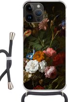 Geschikt voorApple Iphone 14 Pro Max - Crossbody Case - Vaas met bloemen - Schilderij van Rachel Ruysch - Siliconen - Crossbody - Backcover met Koord - Telefoonhoesje met koord - Hoesje met touw