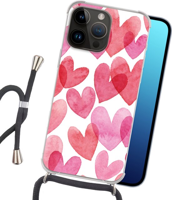 Étui de téléphone adapté à Apple Iphone 14 Pro Max - Une illustration avec des cœurs aquarellés - Siliconen - Bandoulière - Coque arrière avec cordon - Étui de téléphone avec cordon - Étui avec corde