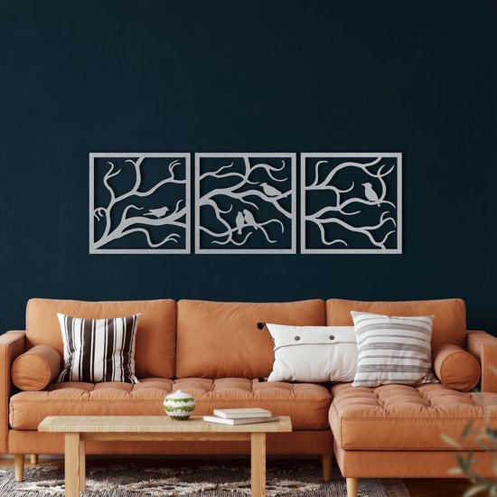Wanddecoratie | Vogels op Tak / Birds on Branch| Metal - Wall Art | Muurdecoratie | Woonkamer | Buiten Decor |Zilver| 154x50cm