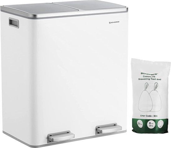 Signature Home Soft close prullenbak - afvalscheidingssysteem 2 x 30 L - vuilnisbak met 2 vakken - afvalscheiding - metalen pedaalemmer - kunststof binnenbak - met klapdeksel en handgrepen - soft close - luchtdicht - wit