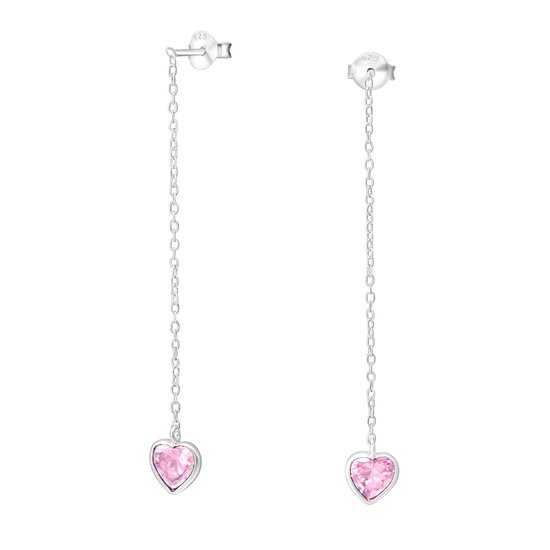 Joy|S - Zilveren hartje oorbellen - hartje aan kettinkje 4.5 cm lengte - zirkonia roze