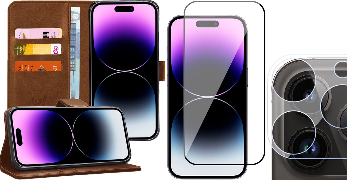 Hoesje geschikt voor iPhone 14 Pro Max - Book Case Kunstleer Wallet Cover Portemonnee Pasjeshouder Hoes Bruin - Full Tempered Glass Screenprotector - Camera Lens Protector