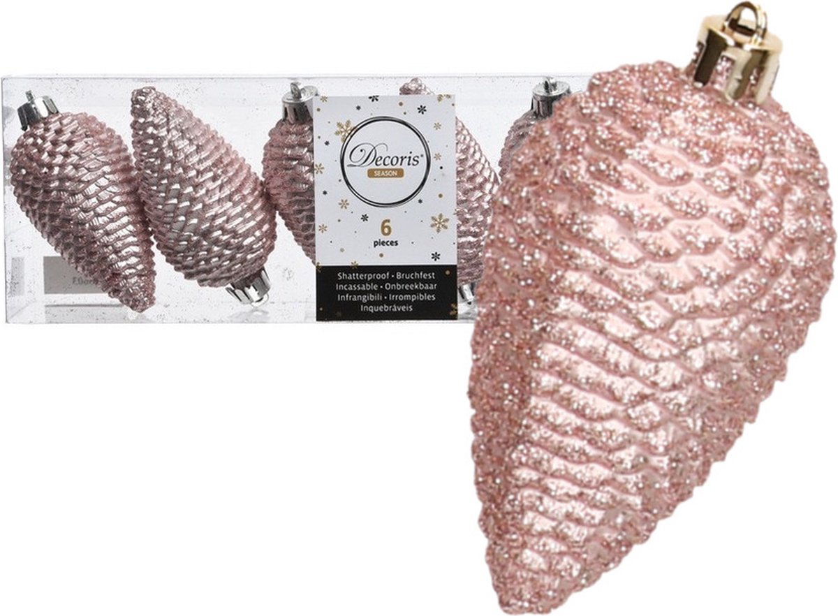 Decoris 6x Lichtroze dennenappels kerstballen 8 cm - Glitter - Onbreekbare plastic kerstballen - Kerstboomversiering lichtroze Licht roze