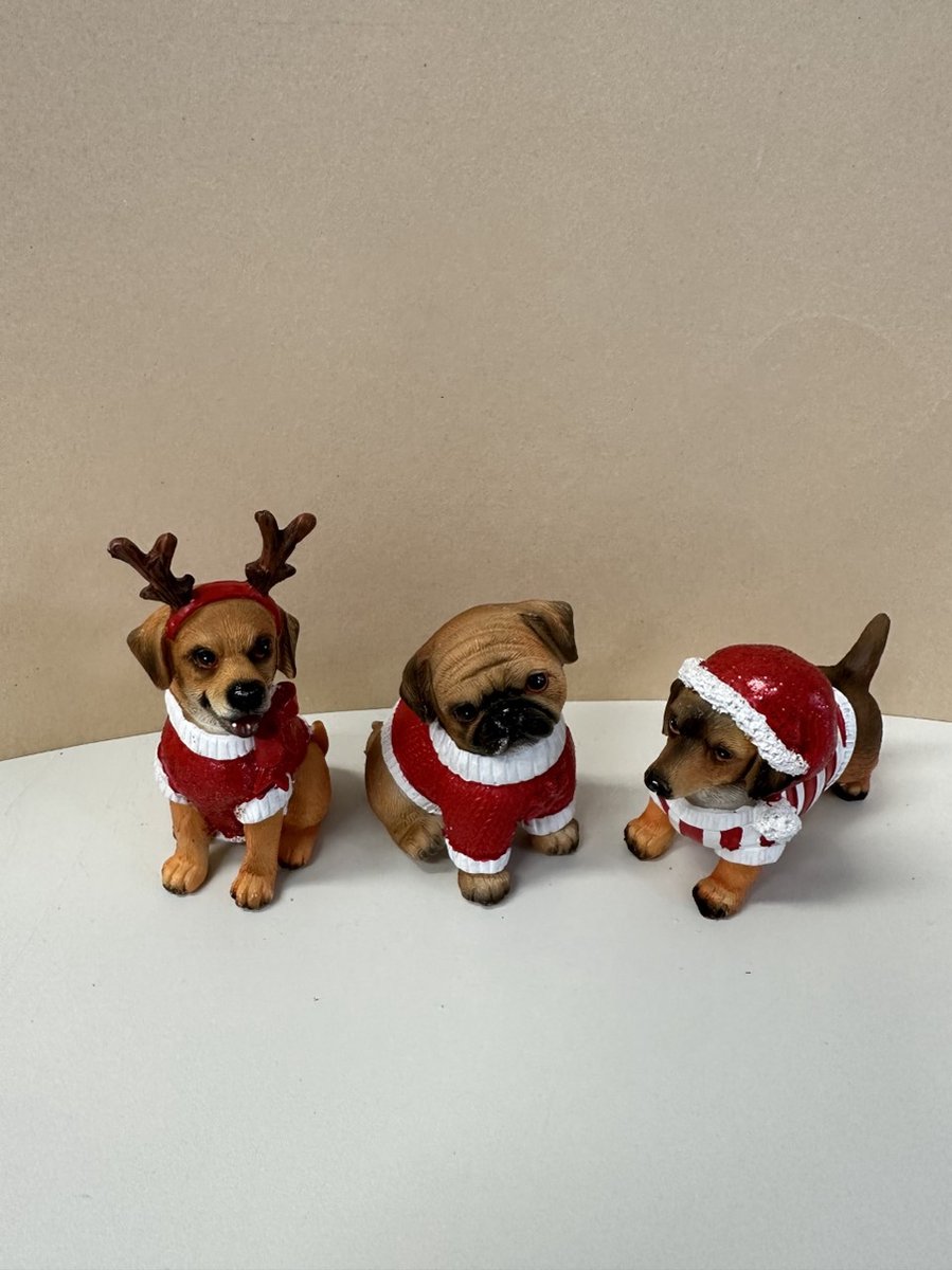 Figurines De Noël - Set De 3 Pièces - Chiens De Noël - Rouge à