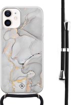 Casimoda® hoesje met koord - Geschikt voor iPhone 12 Mini - Marmer Grijs - Afneembaar koord - Siliconen/TPU - Grijs