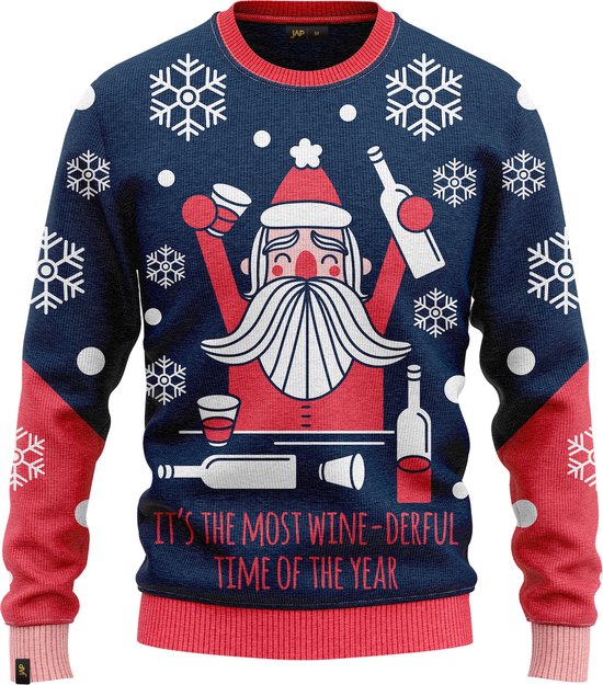 JAP Christmas Foute Kersttrui (maat 3XL) - 100% Gerecycled - Kriebelt niet - Kerstcadeau volwassenen - Kersttrui dames en heren XXXL - Wine-derfull - Blauw