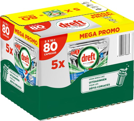 Dreft Platinum Plus All In One - Vaatwastabletten - Fresh Herbal Breeze - Voordeelverpakking 5 X 16 stuks