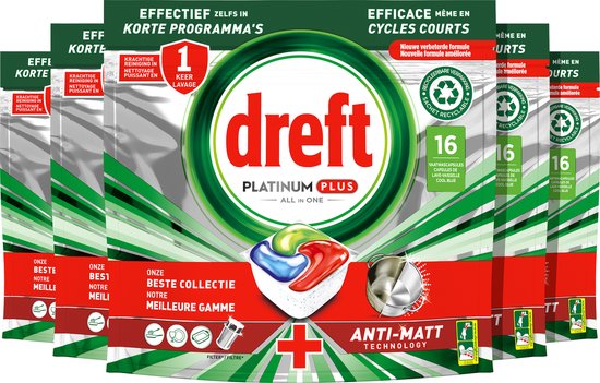 Dreft Platinum Plus All In One - Vaatwastabletten - Voordeelverpakking 5 x 16 stuks
