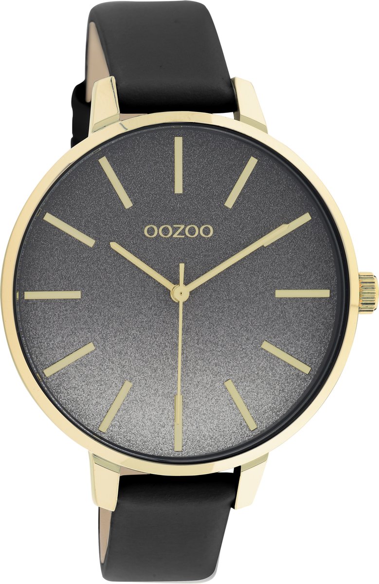 OOZOO Timpieces - goudkleurige horloge met zwarte leren band - C11034